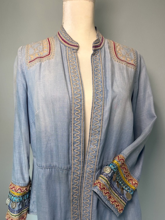 Chico's Jackets & Blazers - Chico's Light Blue Embroidered Denim Jacket with Beaded Coin Cuffs